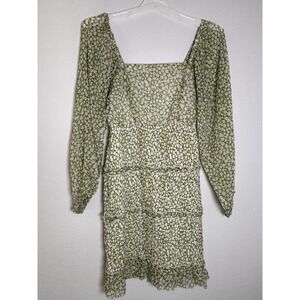 Sim & Sam Green White Floral Smocked Tiered Mini Dress Square Neck Small